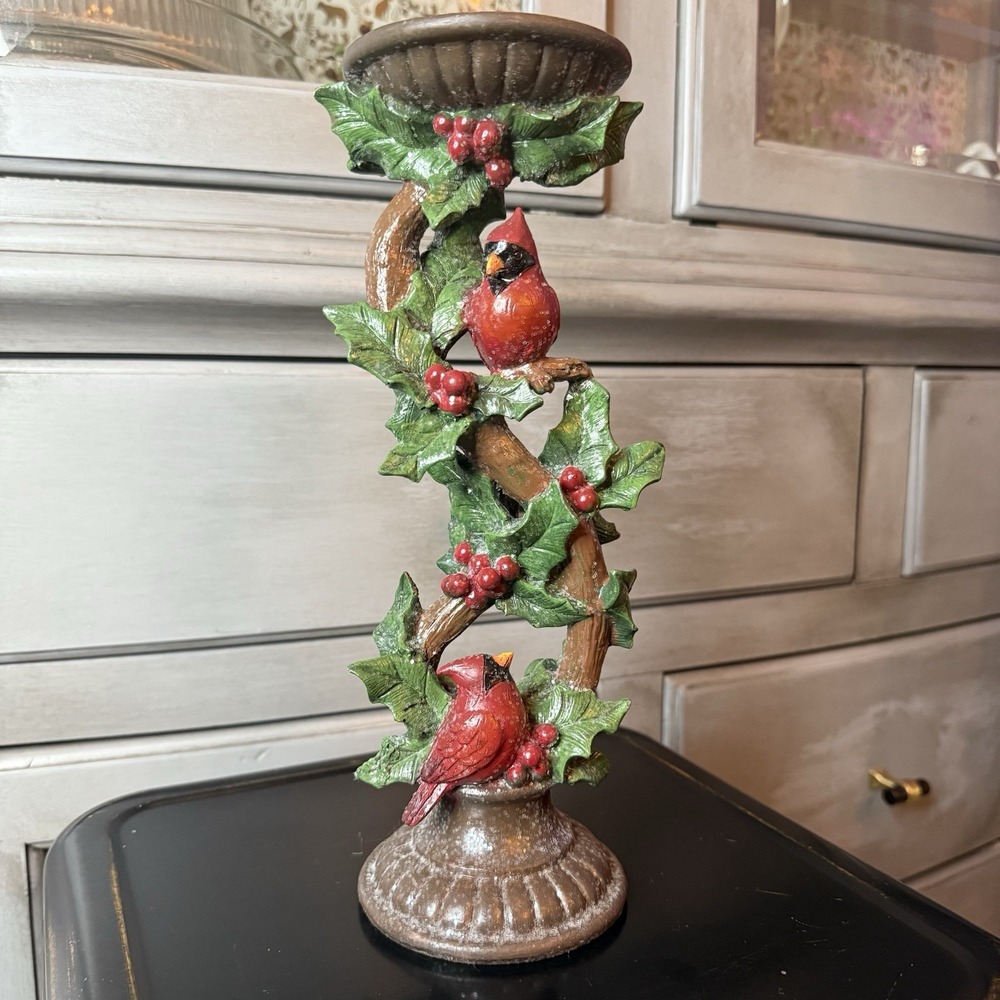 Cardinal Bird and Holly Leaf Christmas Pillar Candle Holder 11 3/4" Tall